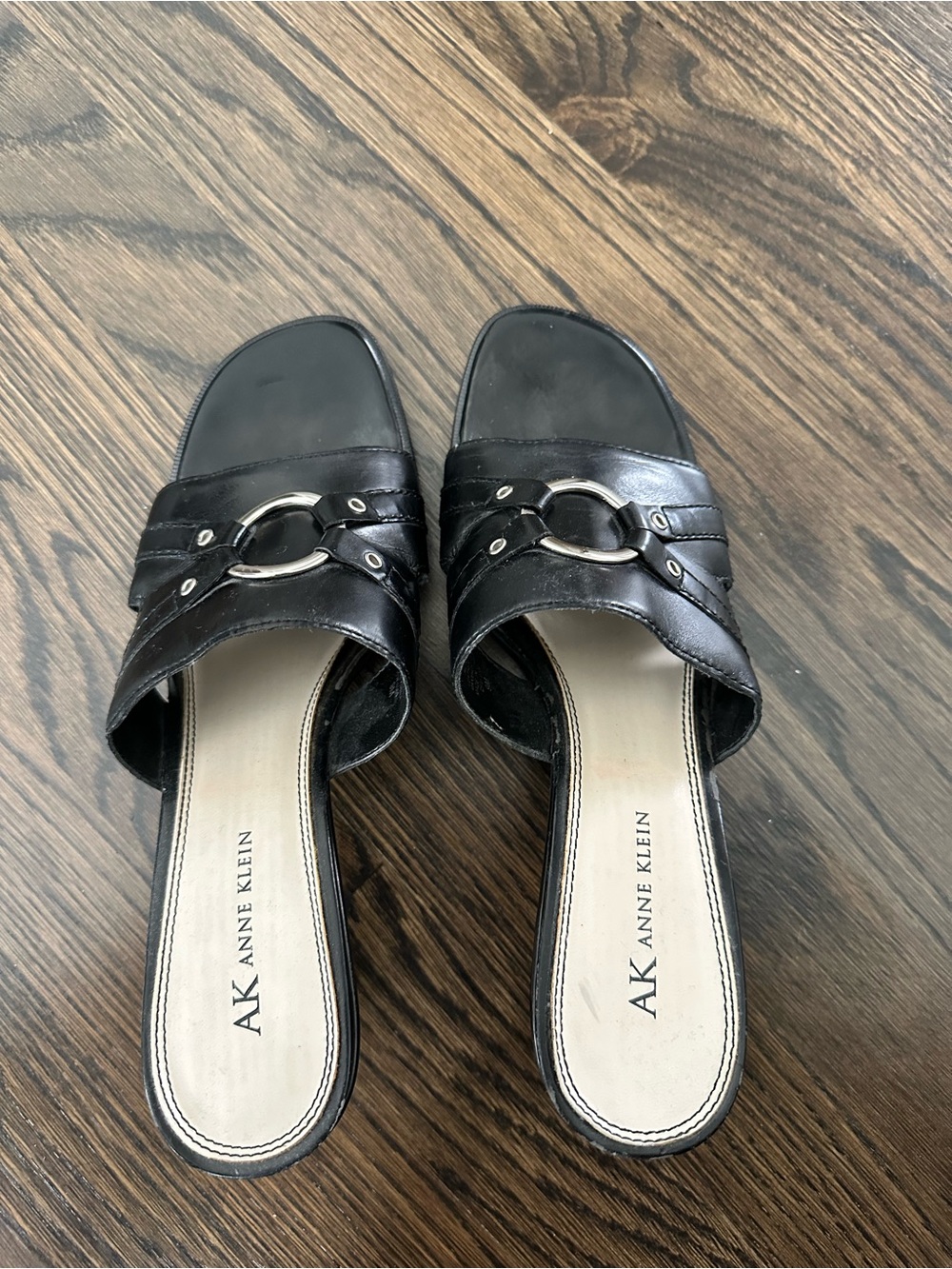 Anne Klein Black Slide Sandals with Silver Ring Detail